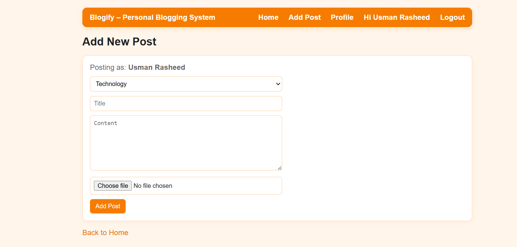 Blogify user dashboard