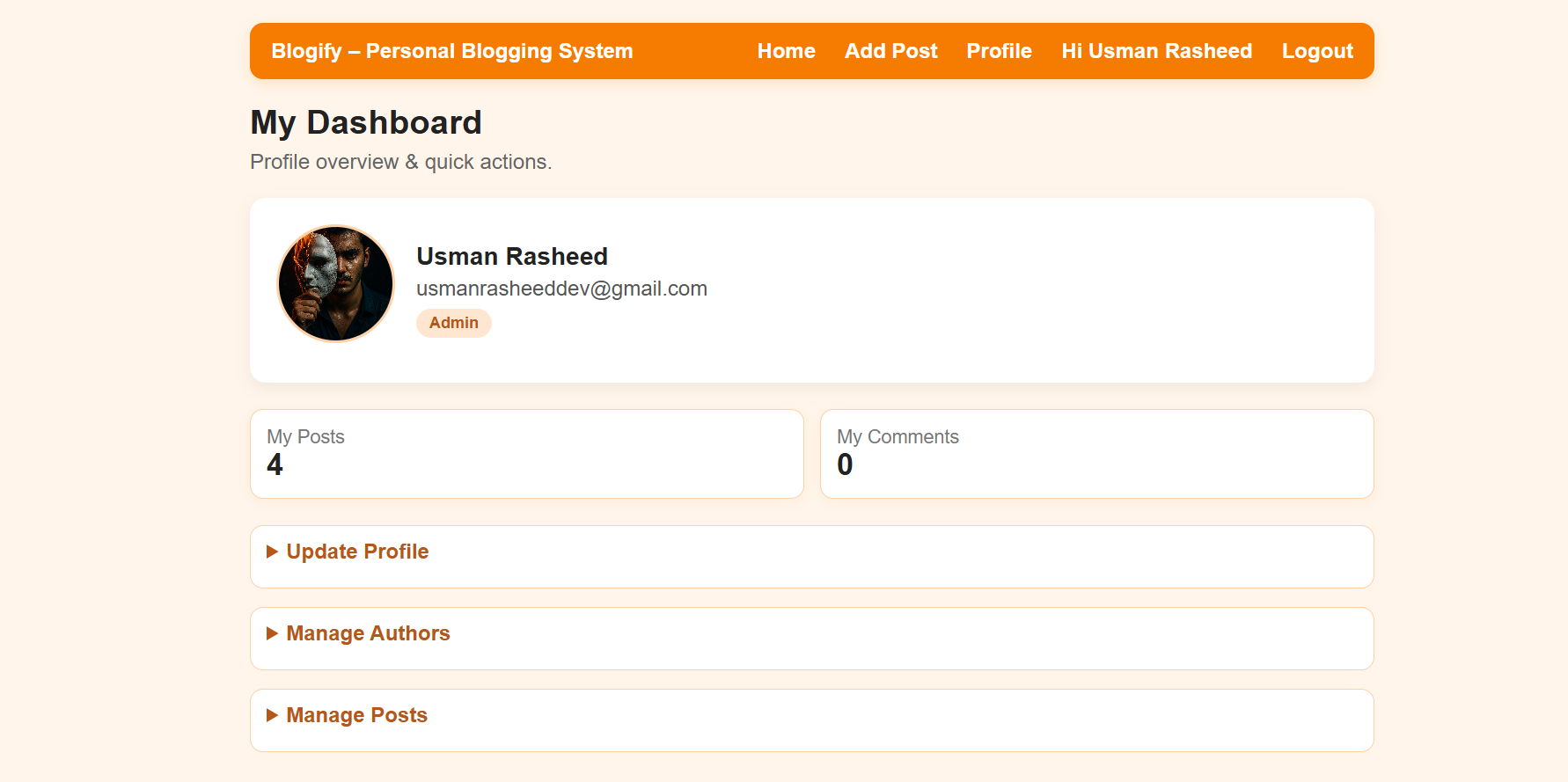 Blogify admin profile and author management
